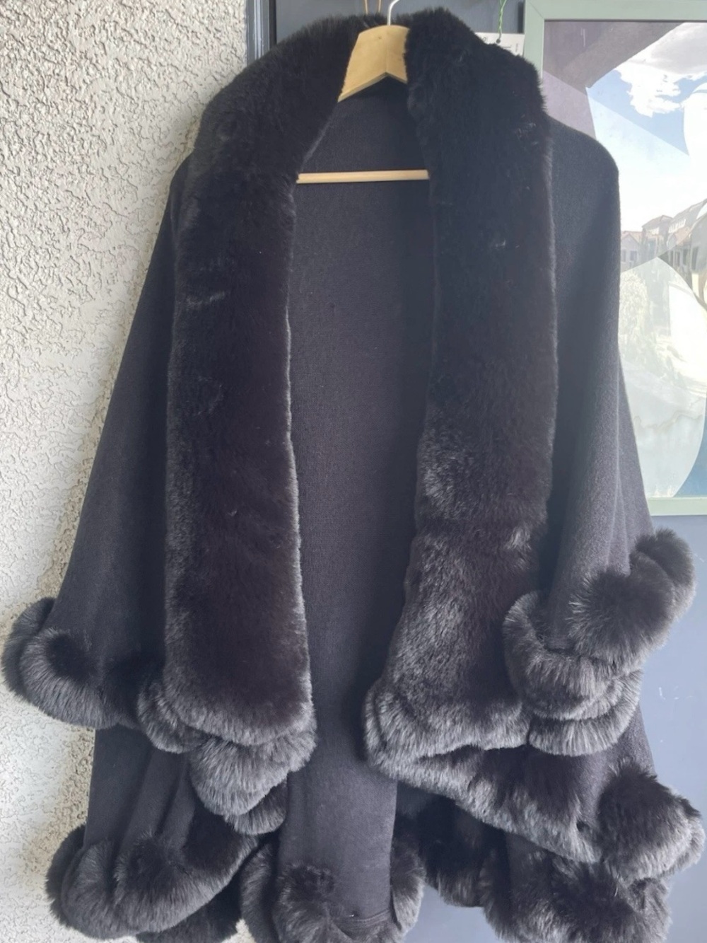 Black Faux Fur Trim Viscose Cape Coat